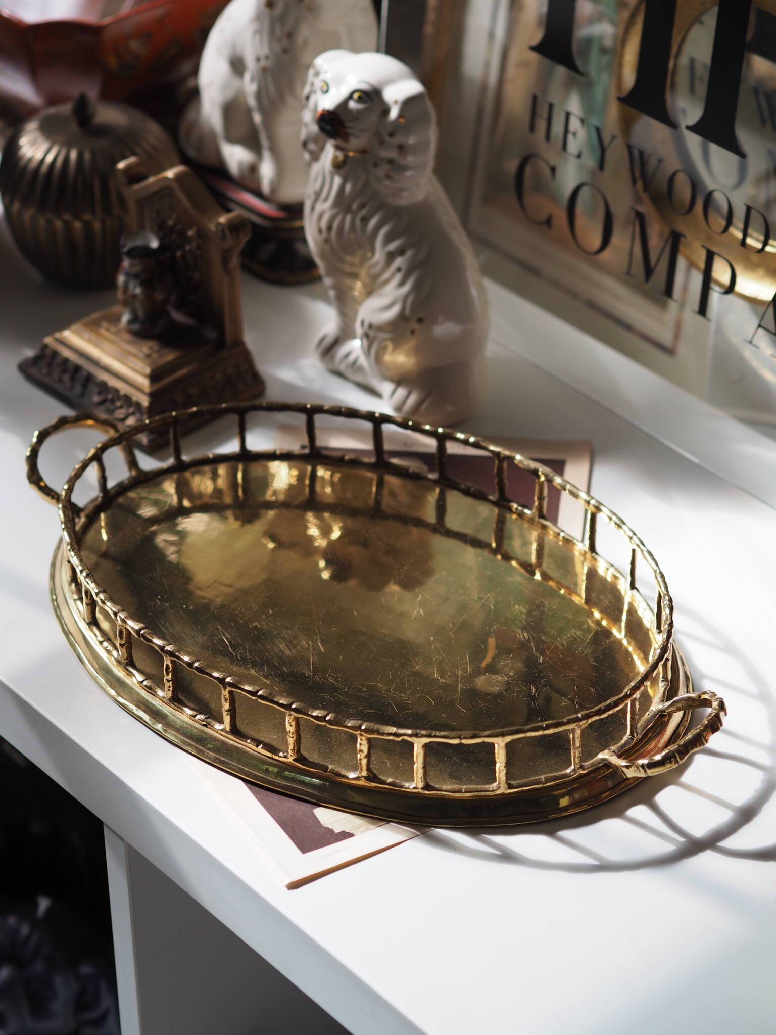 Hollywood Regency Faux Bamboo Oval Brass Serving Tray Glass