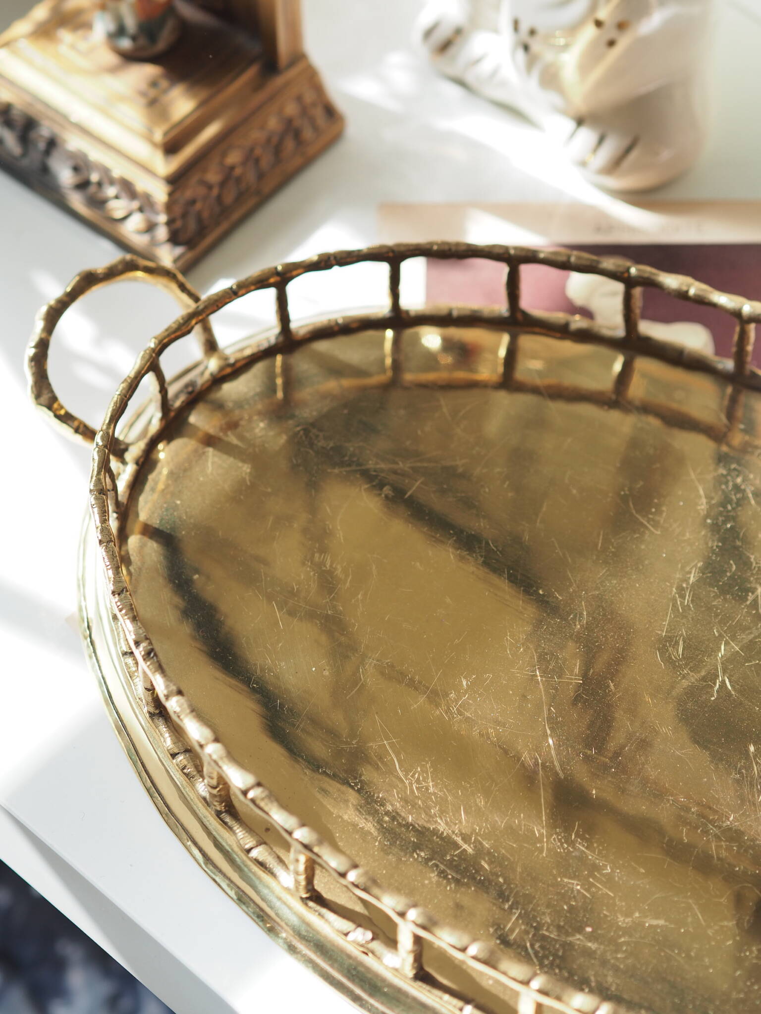 Vintage Brass Oval Tray with Bamboo Trim - Pender & Peony - A