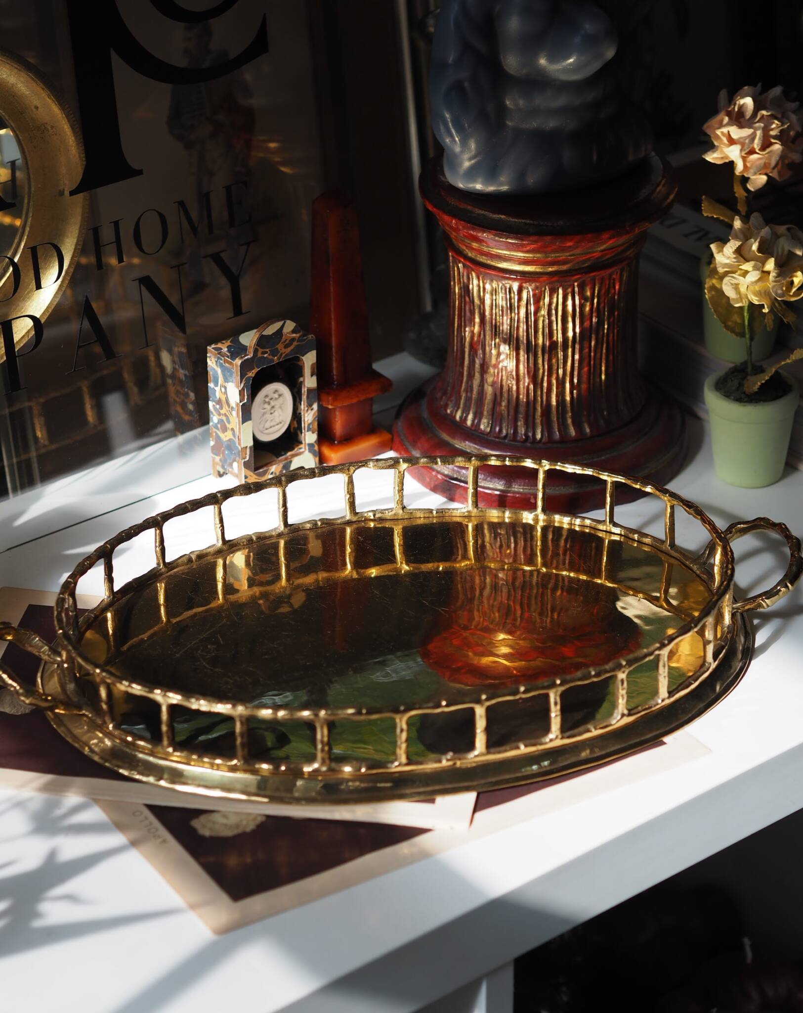 Hollywood Regency Faux Bamboo Oval Brass Serving Tray Glass