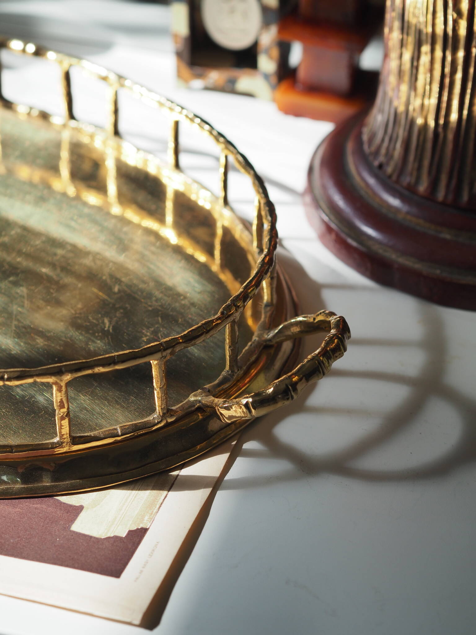 Vintage Oval Faux Bamboo Rim Brass Tray