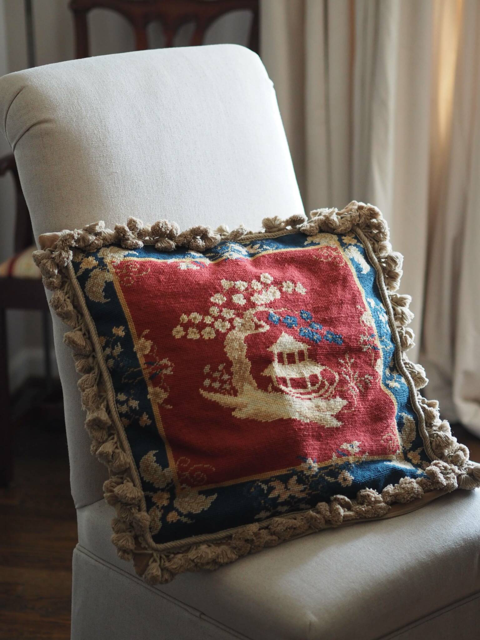 Pair of Vintage Chinoiserie Needlepoint Pillows